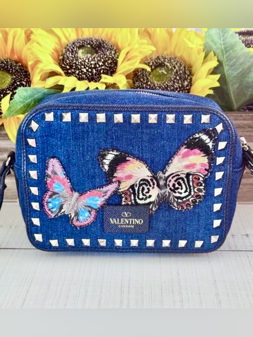 Valentino Garavani Rockstud Camera Crossbody Bag Denim Butterfly